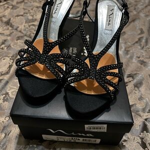 Nina Black Strappy Heels with Silver Accents